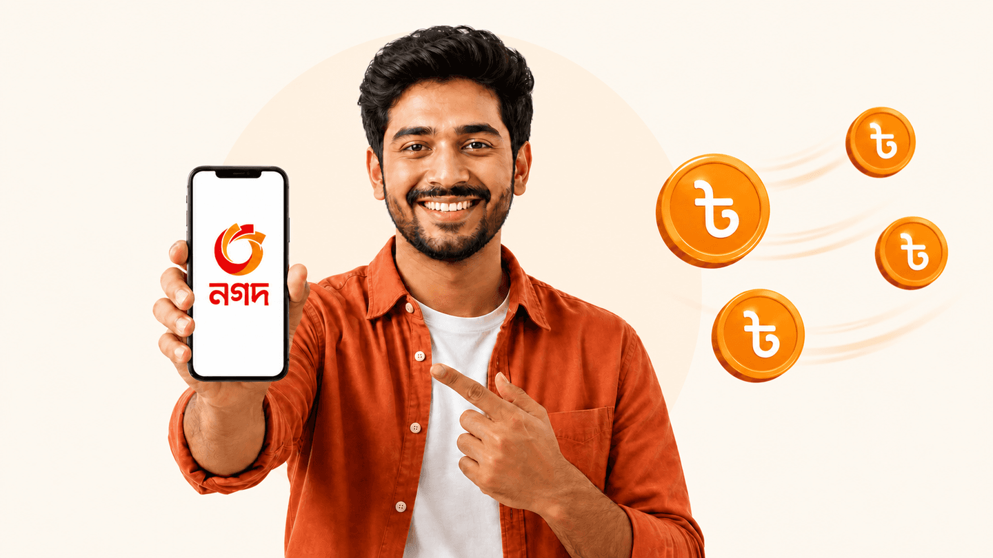 A smiling Nagad customer showing the app with savings coins