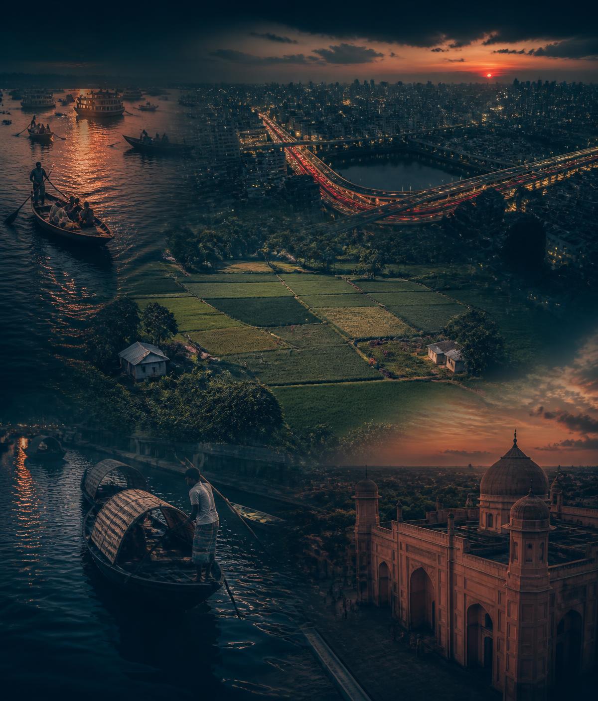 Aerial collage of Bangladesh at dusk — river boats, farmland and the Dhaka skyline