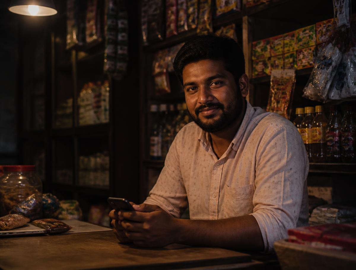 A shop owner in Bangladesh at his counter holding a smartphone