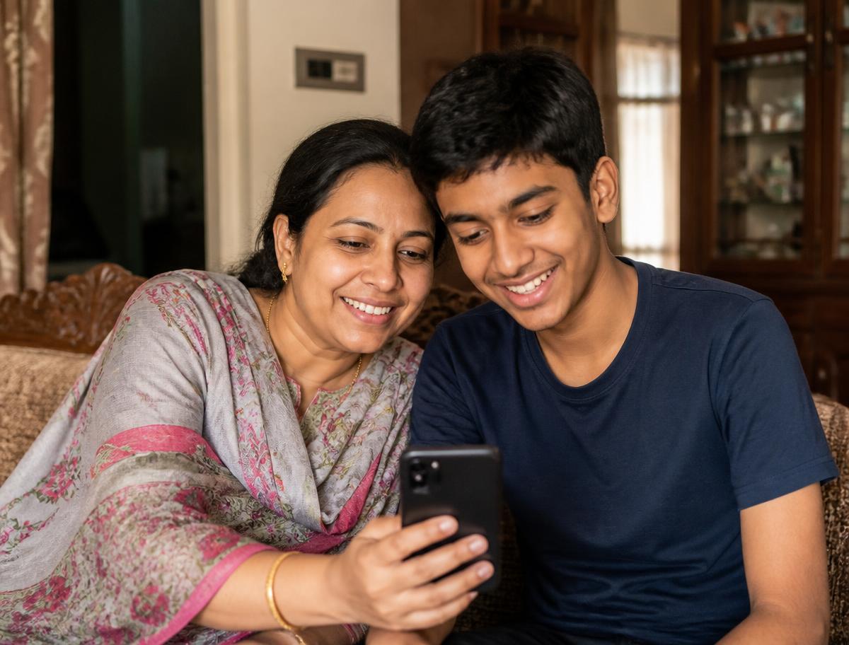 A mother and her son using the Nagad app together at home